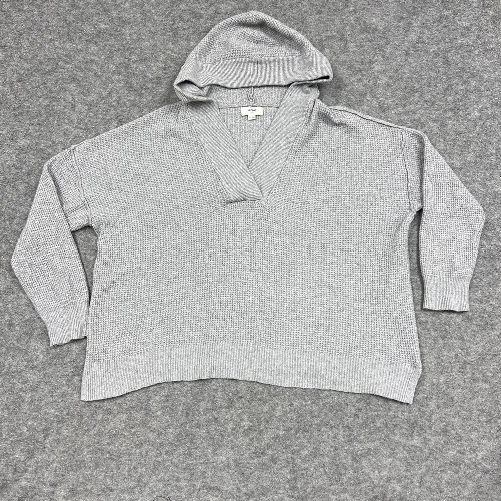 Aerie Sweater Womens L Gray Hooded Oversized V-Neck Waffle-Knit Pullover Casual
